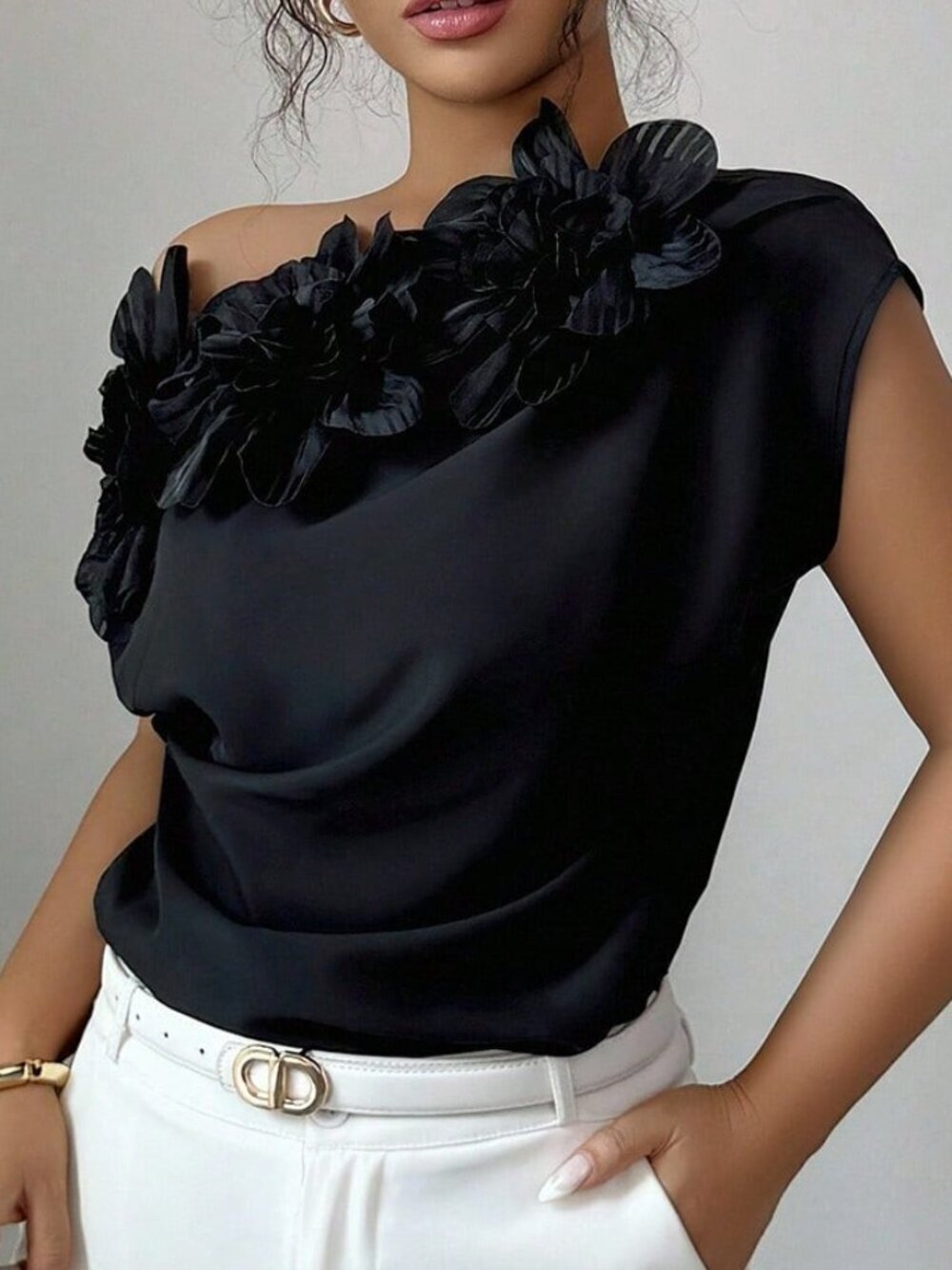 Black Casual Women's 3d Floral Decor Asymmetric Collar Blouse